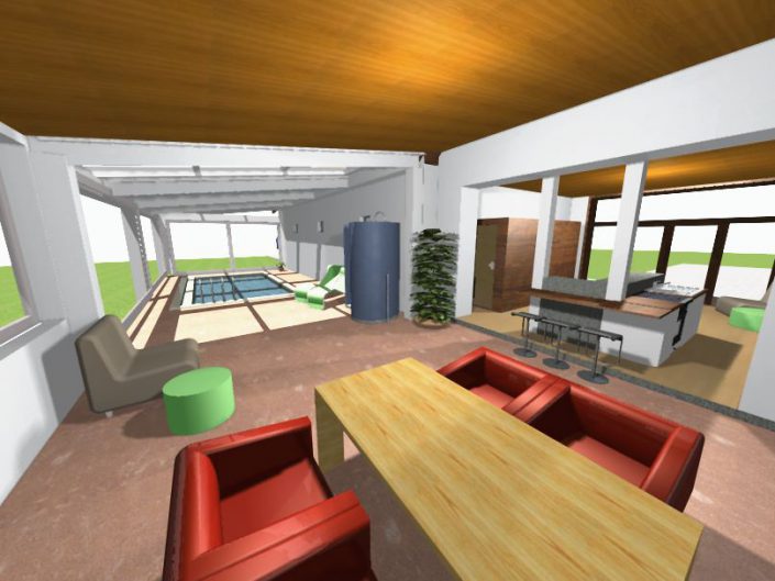 Umbau Schwimmhalle Edlach – Visualisierung des offenen Wohnbereichs