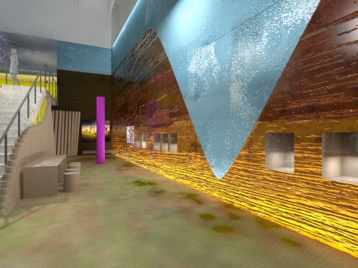 Ausstellung STONEHENGE – Visualisierung von Wandpaneelen mit Schaukästen