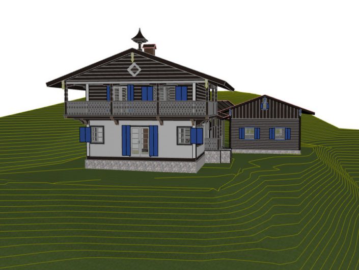 Visualisierung Projekt Dörfl – Rückansicht mit schematischer Darstellung des Gefälles