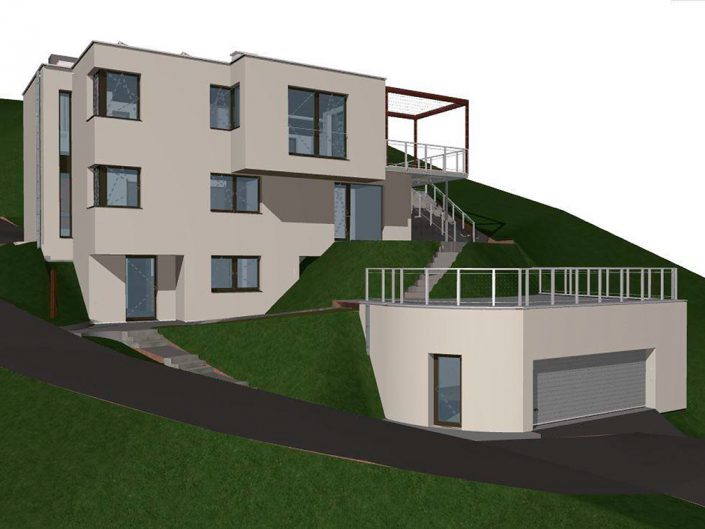 Einfamilienhaus Klosterneuburg – Visualisierung der Gesamtansicht mit Garage