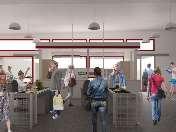 Visualisierung des neuen Kassabereichs im Sozialmarkt Ternitz